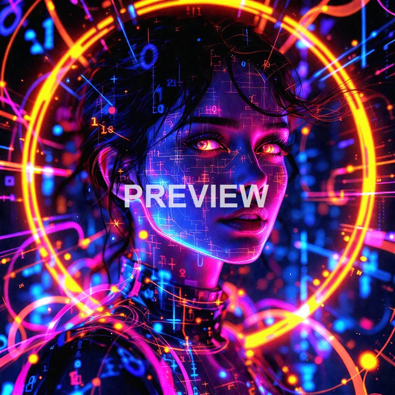 A futuristic digital artwork depicting a woman with glowing eyes and face, surrounded by vibrant neon lights, circuit-like patterns, and digital elements.